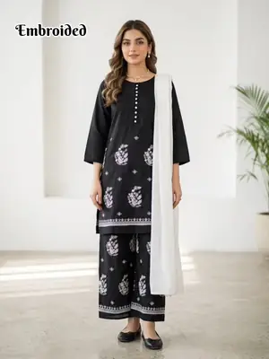 3 Pcs Women's Stitched Cotton Lawn Embroidered Suit