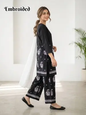 3 Pcs Women's Stitched Cotton Lawn Embroidered Suit thumbnail 2