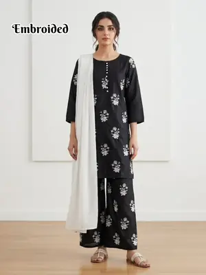 3 Pcs Women's Stitched Cotton Lawn Embroidered Suit thumbnail 3