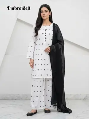 3 Pcs Women's Stitched Cotton Lawn Embroidered Suit