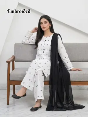 3 Pcs Women's Stitched Cotton Lawn Embroidered Suit thumbnail 2