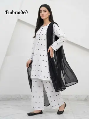 3 Pcs Women's Stitched Cotton Lawn Embroidered Suit thumbnail 3