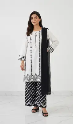 3 Pcs Women's Stitched Cotton Lawn Block Printed Suit with stylish Neck Design