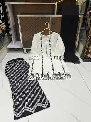 3 Pcs Women's Stitched Cotton Lawn Block Printed Suit with stylish Neck Design thumbnail 3