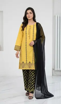 3 Pcs Women's Stitched Cotton Lawn Block Printed Suit with stylish Neck Design