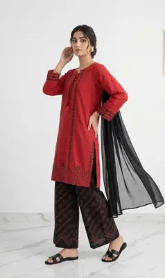 3 Pcs Women's Stitched Cotton Lawn Block Printed Suit with stylish Neck Design