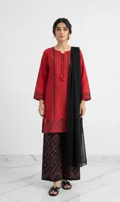 3 Pcs Women's Stitched Cotton Lawn Block Printed Suit with stylish Neck Design thumbnail 2