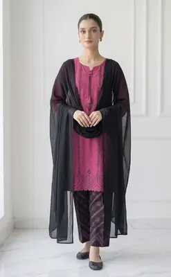3 Pcs Women's Stitched Cotton Lawn Block Printed Suit with stylish Neck Design thumbnail 2