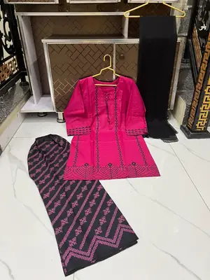 3 Pcs Women's Stitched Cotton Lawn Block Printed Suit with stylish Neck Design thumbnail 3