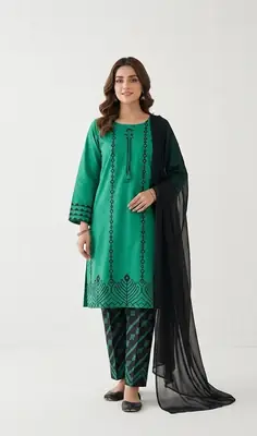 3 Pcs Women's Stitched Cotton Lawn Block Printed Suit with stylish Neck Design