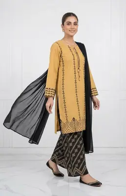 3 Pcs Women's Stitched Cotton Lawn Block Printed Suit with stylish Neck Design