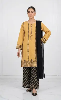 3 Pcs Women's Stitched Cotton Lawn Block Printed Suit with stylish Neck Design thumbnail 2
