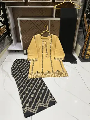 3 Pcs Women's Stitched Cotton Lawn Block Printed Suit with stylish Neck Design thumbnail 3