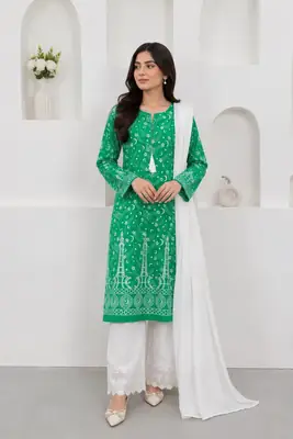 3 Pcs Women's Stitched Arabic Lawn Block Printed Suit Azadi Prints AZ1