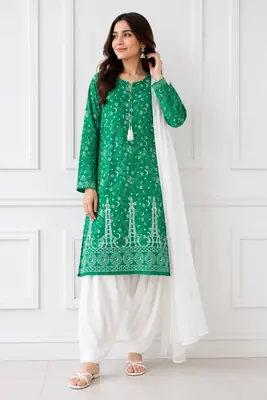 3 Pcs Women's Stitched Arabic Lawn Block Printed Suit with Shalwar thumbnail 2