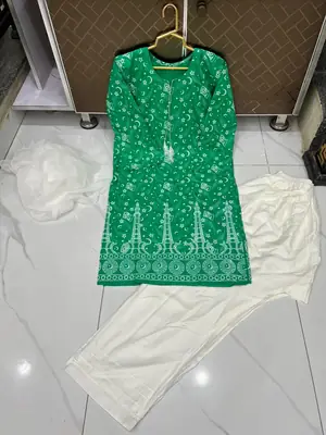 3 Pcs Women's Stitched Arabic Lawn Block Printed Suit with Shalwar thumbnail 3