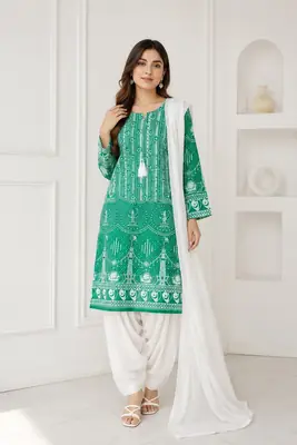 3 Pcs Women's Stitched Arabic Lawn Block Printed Suit with Shalwar