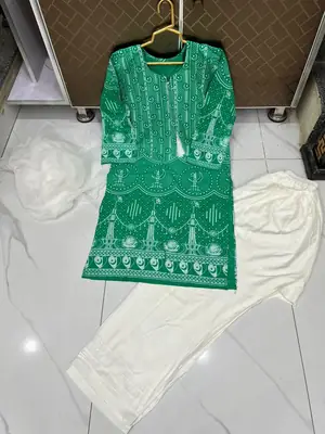 3 Pcs Women's Stitched Arabic Lawn Block Printed Suit with Shalwar thumbnail 3