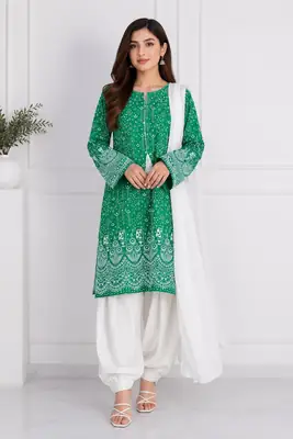 3 Pcs Women's Stitched Arabic Lawn Block Printed Suit with Shalwar thumbnail 2