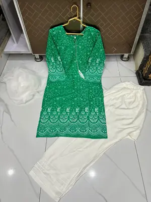 3 Pcs Women's Stitched Arabic Lawn Block Printed Suit with Shalwar thumbnail 3