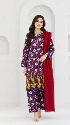 3Pcs Women's Stitched Lawn Printed Suit with Embroidery