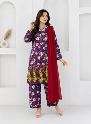 3Pcs Women's Stitched Lawn Printed Suit with Embroidery thumbnail 2