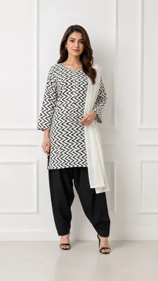 3Pcs Women's Stitched Cotton Lawn Block Printed Suit with Farshi Shalwar
