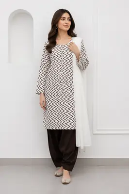 3Pcs Women's Stitched Cotton Lawn Block Printed Suit with Farshi Shalwar