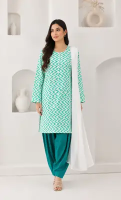 3Pcs Women's Stitched Cotton Lawn Block Printed Suit with Farshi Shalwar