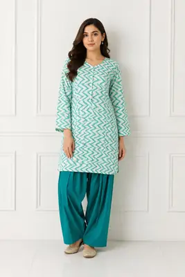 3Pcs Women's Stitched Cotton Lawn Block Printed Suit with Farshi Shalwar thumbnail 4