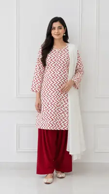 3Pcs Women's Stitched Cotton Lawn Block Printed Suit with Farshi Shalwar
