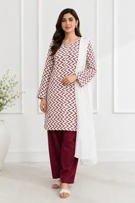 3Pcs Women's Stitched Cotton Lawn Block Printed Suit with Farshi Shalwar