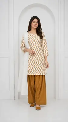 3Pcs Women's Stitched Cotton Lawn Block Printed Suit with Farshi Shalwar