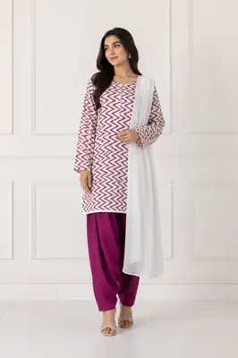 3Pcs Women's Stitched Cotton Lawn Block Printed Suit with Farshi Shalwar