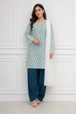 3Pcs Women's Stitched Cotton Lawn Block Printed Suit with Farshi Shalwar