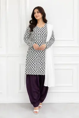 3Pcs Women's Stitched Cotton Lawn Block Printed Suit with Farshi Shalwar