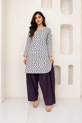 3Pcs Women's Stitched Cotton Lawn Block Printed Suit with Farshi Shalwar thumbnail 4