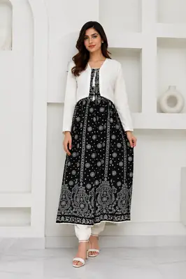 3Pcs Women's Stitched Linen Block Printed Suit with Koti