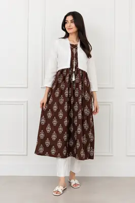3Pcs Women's Stitched Linen Block Printed Suit with Koti