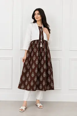 3Pcs Women's Stitched Linen Block Printed Suit with Koti thumbnail 2