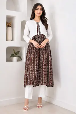 3Pcs Women's Stitched Linen Block Printed Suit with Koti