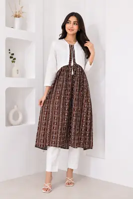 3Pcs Women's Stitched Linen Block Printed Suit with Koti thumbnail 2