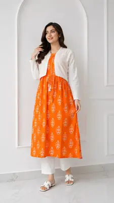 3Pcs Women's Stitched Linen Block Printed Suit with Koti