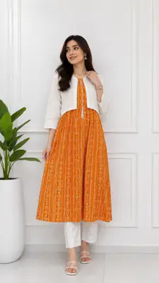 3Pcs Women's Stitched Linen Block Printed Suit with Koti thumbnail 2