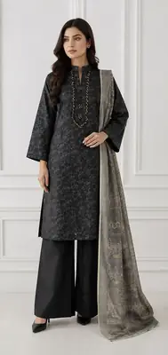 3Pcs Women's Stitched Cotton Embroidered Suit with Handmade Neck thumbnail 2