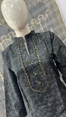 3Pcs Women's Stitched Cotton Embroidered Suit with Handmade Neck thumbnail 3