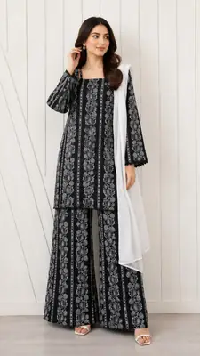3Pcs Women's Stitched Cotton Lawn Block Printed Suit with Printed Straps