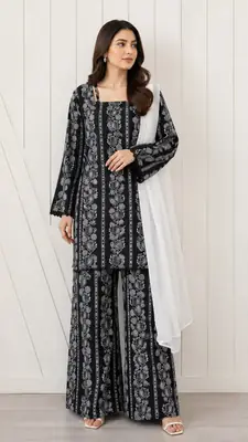 3Pcs Women's Stitched Cotton Lawn Block Printed Suit with Printed Straps thumbnail 2