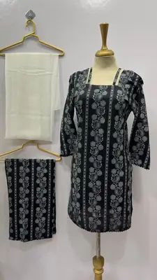 3Pcs Women's Stitched Cotton Lawn Block Printed Suit with Printed Straps thumbnail 3