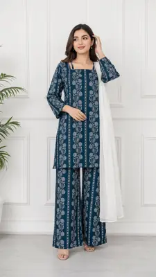 3Pcs Women's Stitched Cotton Lawn Block Printed Suit with Printed Straps